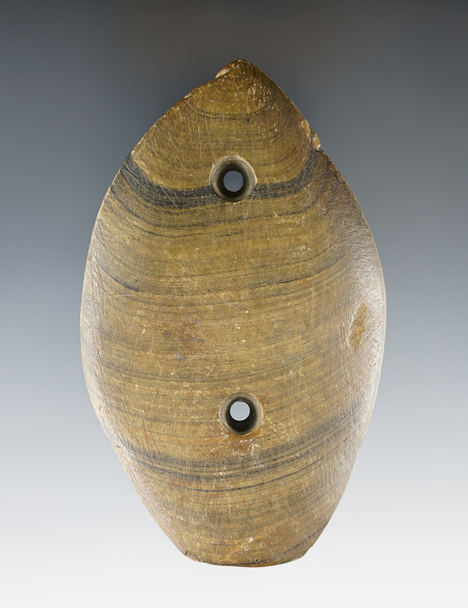 3 11/16" Glacial Kame Ovate Gorget made from Banded Slate. Ex. Dan Hall Collection.