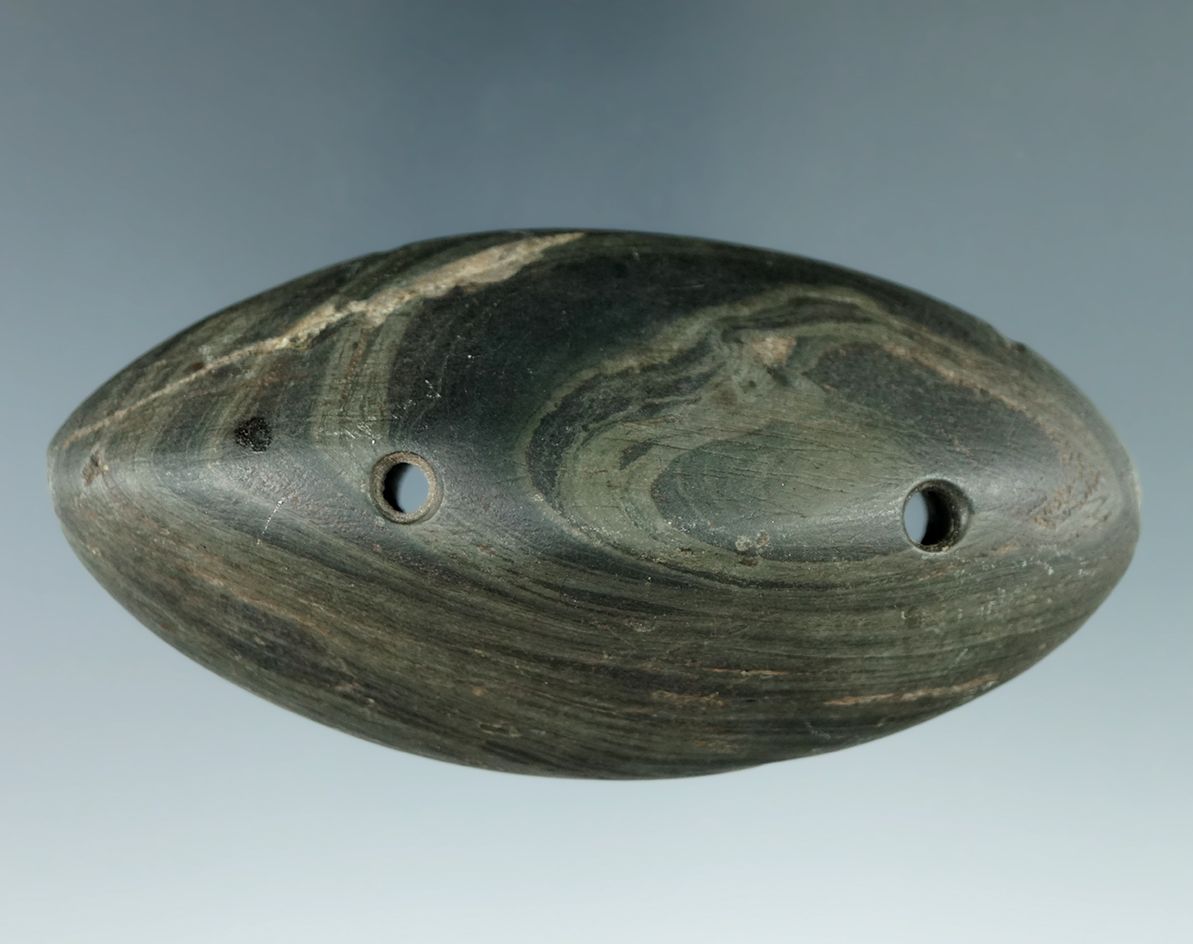 3 3/4" Glacial Kame Ridged Gorget made from banded Slate and was found in Shelby Co., Ohio.  Picture