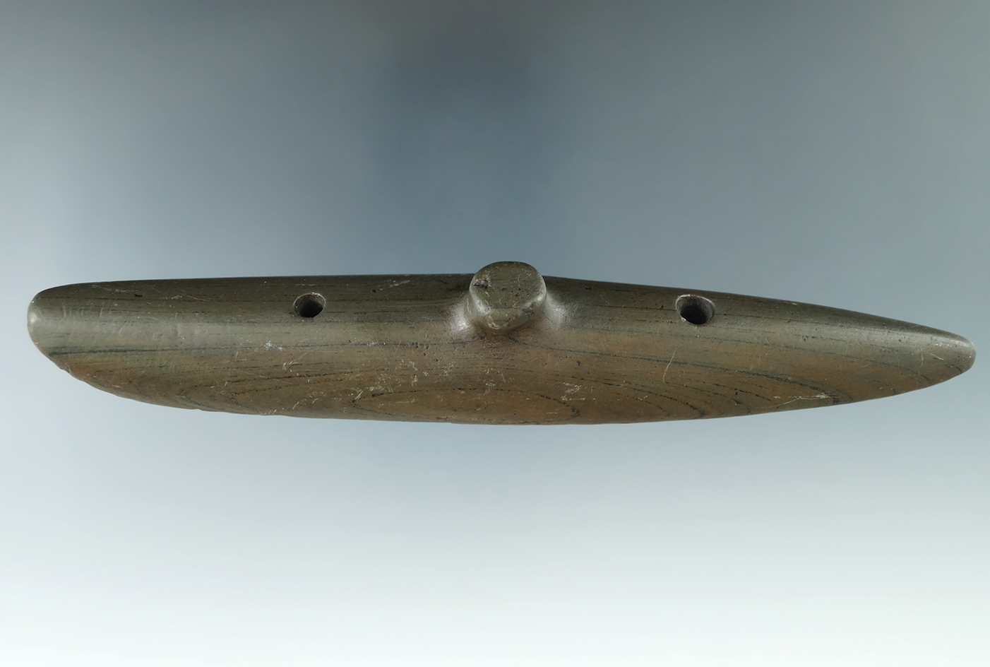 6 7/16" Glacial Kame Spineback Gorget made from Banded Slate. Ex. Dr. Stanley Copeland.