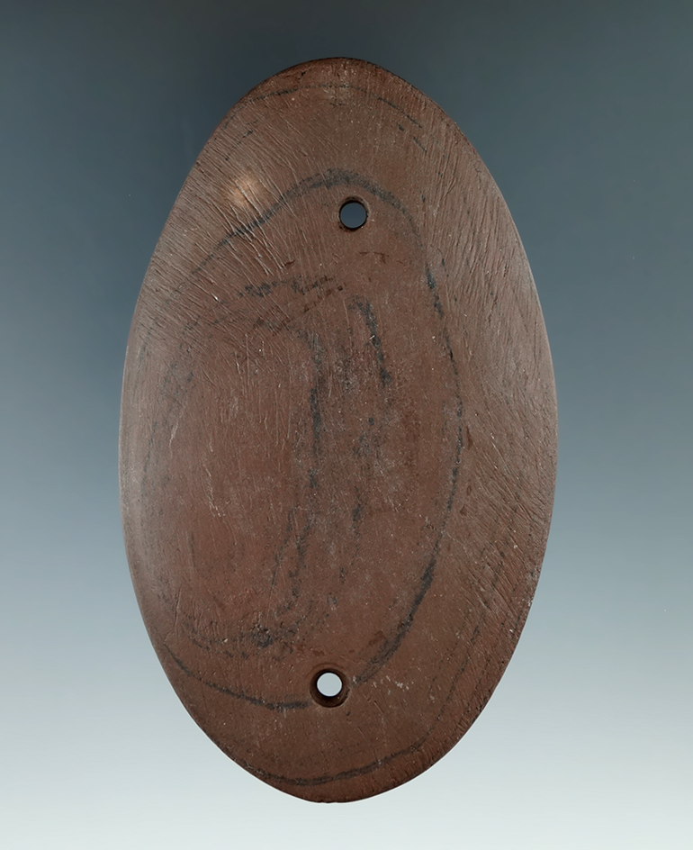 4 3/16" Glacial Kame Oval Gorget made from red and black Banded Slate, found in Darke Co., Ohio. Pic