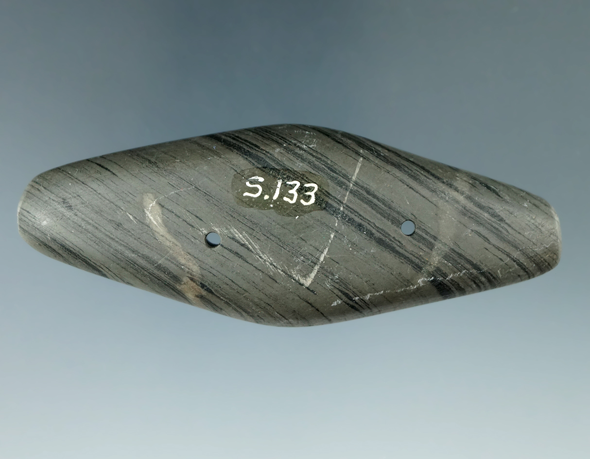 3 1/2" Adena Expanded Center Gorget made from Banded Slate, found in Marion Co., Ohio. Pictured