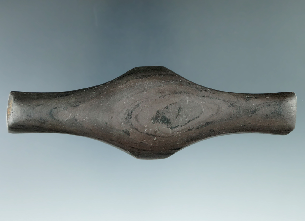 4 3/4" Undrilled Hopewell Expanded Center Gorget with unique formfound in Butler Co., Ohio. Pictured