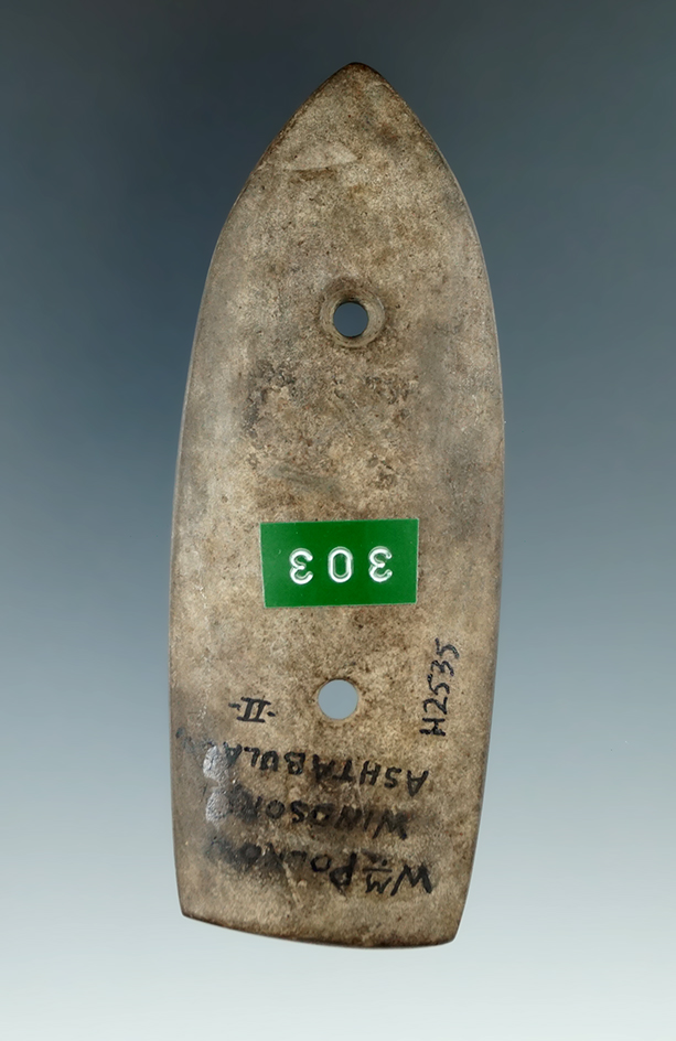 3 15/16" Glacial Kame Sandal Sole Gorget found in or near Windsor, Windsor Twp., Ashtabula Co., Ohio