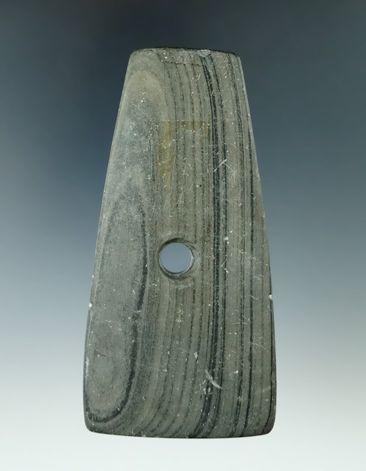 4 1/2" Adena Trapezoidal Pendant made from green and black Banded Slate, found in Northwestern Ohio.