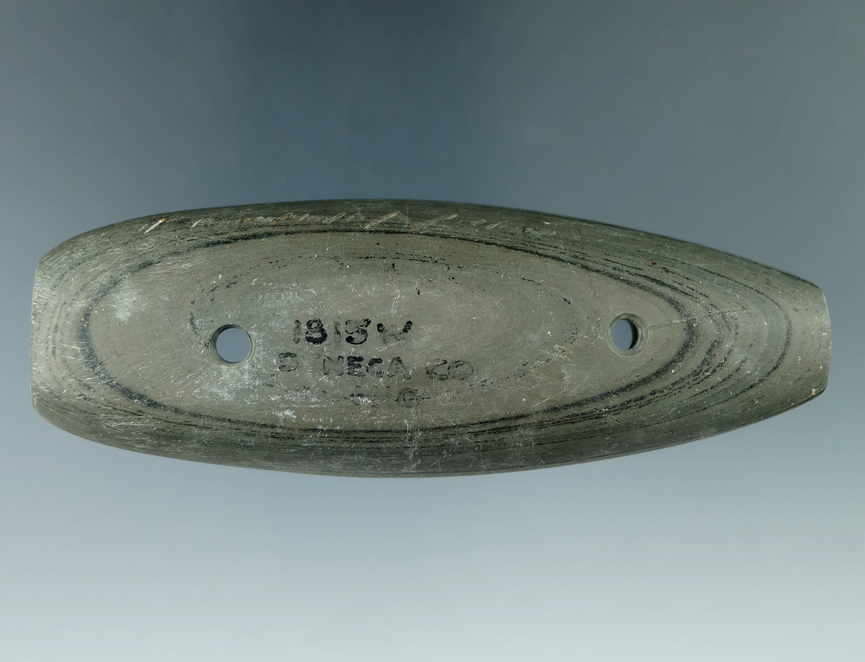 4 1/16" Glacial Kame Bar Gorget made from green and black Banded Slate, found in Seneca Co., Ohio.