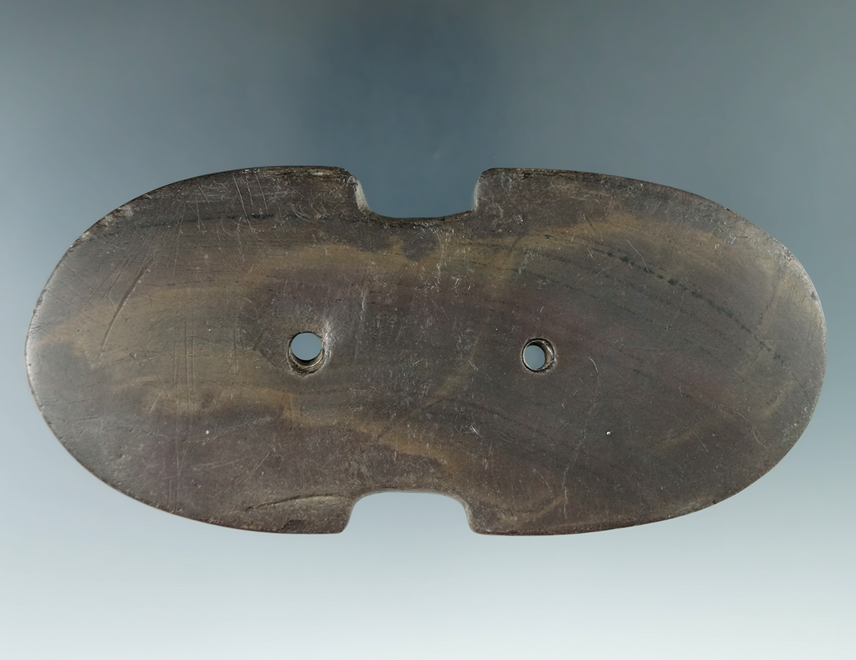 5 1/8" Adena Indented Gorget made from brown and black Banded Slate, found in Erie Co., Ohio. Pictur