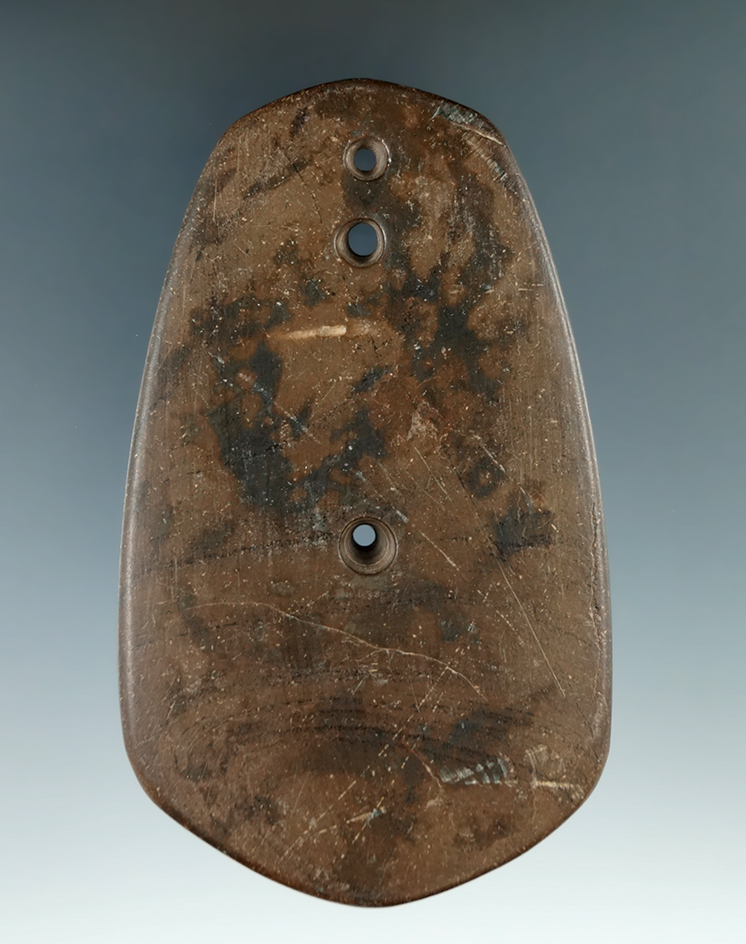 4 1/4" Glacial Kame Three Hole Oval Gorget found in Marion Co., Ohio. Ex. Bob Converse Collection.