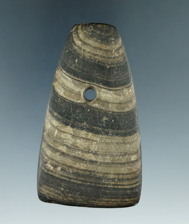 3 1/16" Hopewell Trapezoidal Pendant made from Banded Slate, found in Perry Co., Ohio. Ex. Brian Don