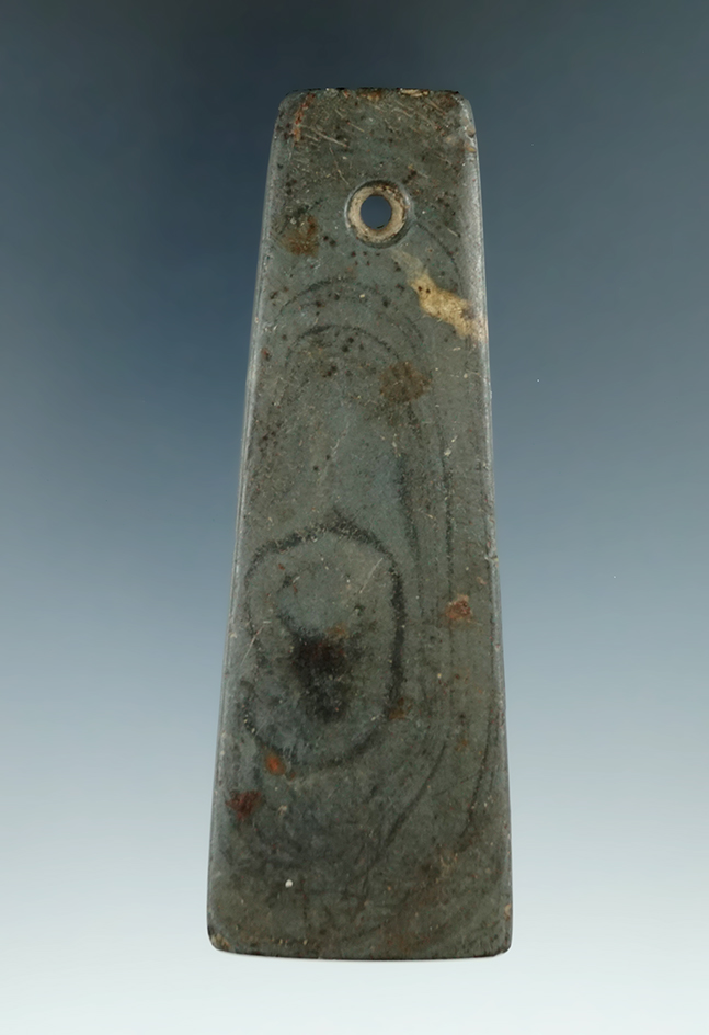4 1/8" Adena Trapezoidal Pendant made from gray and black Banded Slate. Ex. Todd Harding Collection.
