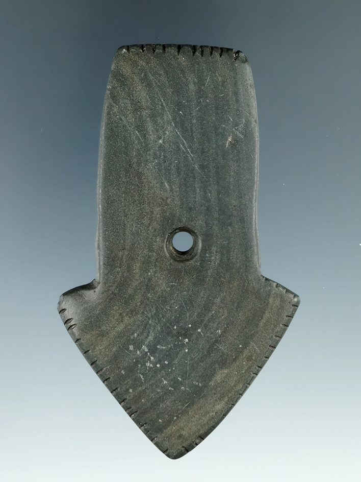 3 3/4" Highly tallied Hopewell Shovel Pendant found in Huron Co., Ohio. Pictured in Ohio Archaeologi
