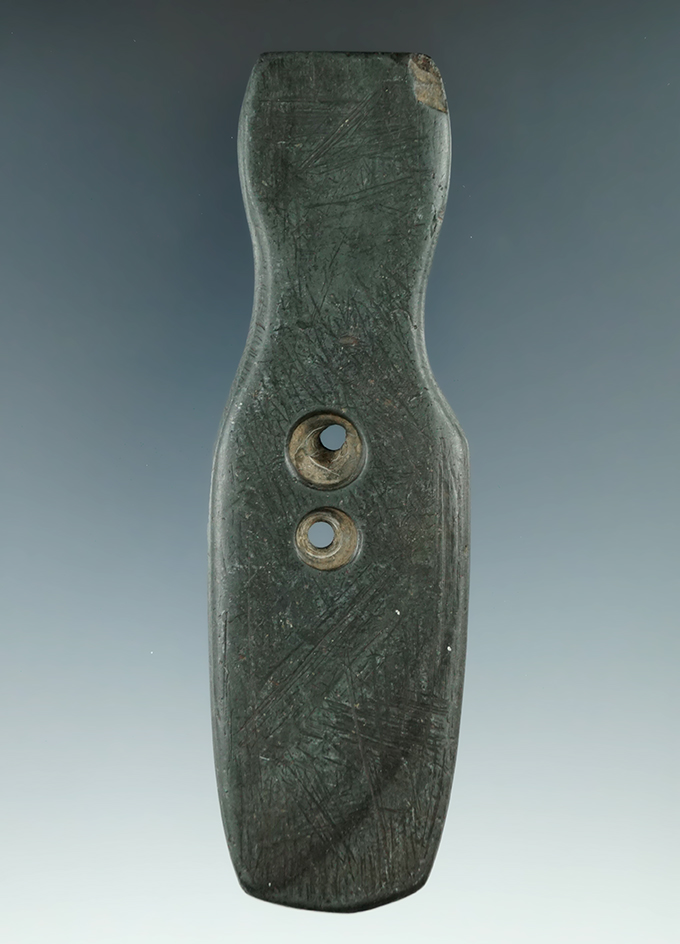 4 1/2" Hopewell Two Hole Pendant made from green and black Banded Slate, found in Ohio. Ex. Al Wakef