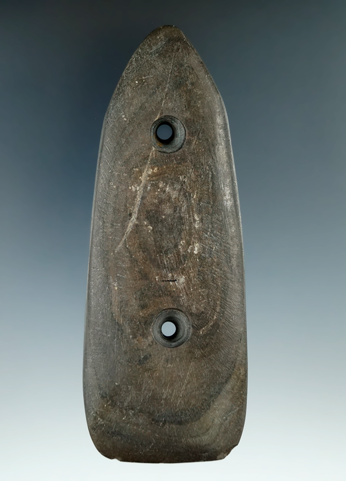 4 15/16" Glacial Kame Gorget made form brown and black Banded Slate, found in Knox Co., Ohio.