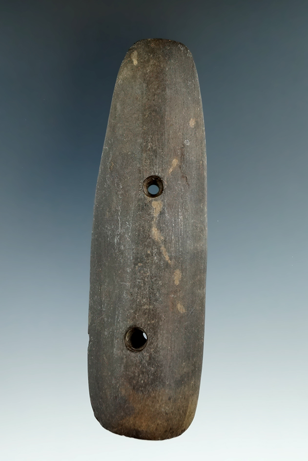 4 1/2" Glacial Kame Humped Bar Gorget made form Banded Slate with "worm tracks", Putnam Co., Ohio.