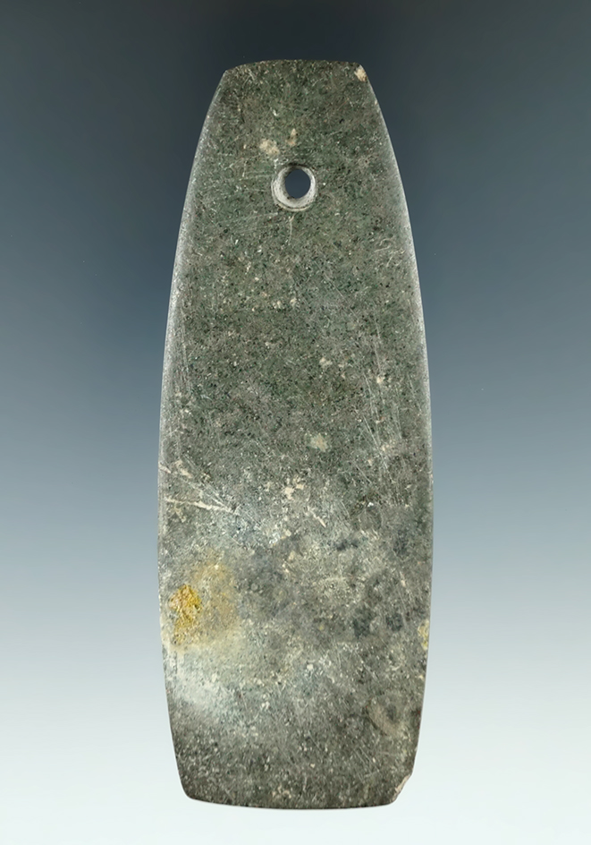 4 3/16" Hopewell Trapezoidal Pendant made from Hardstone. Found in Congress Twp., Wayne Co., Ohio.