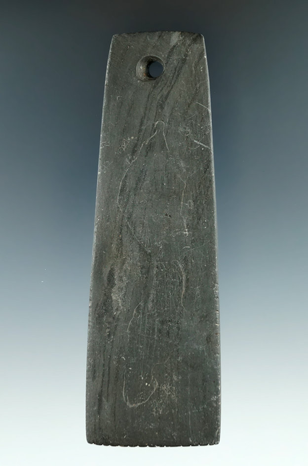 4 5/16" Adena Trapezoidal Pendant with tallies on multiple edges found in Blanchard Twp., Hardin Co.