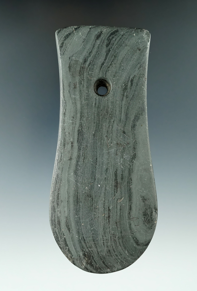 4 3/4" Adena Keyhole Pendant made from green and black Banded Slate, found in Hamilton Co., Ohio.