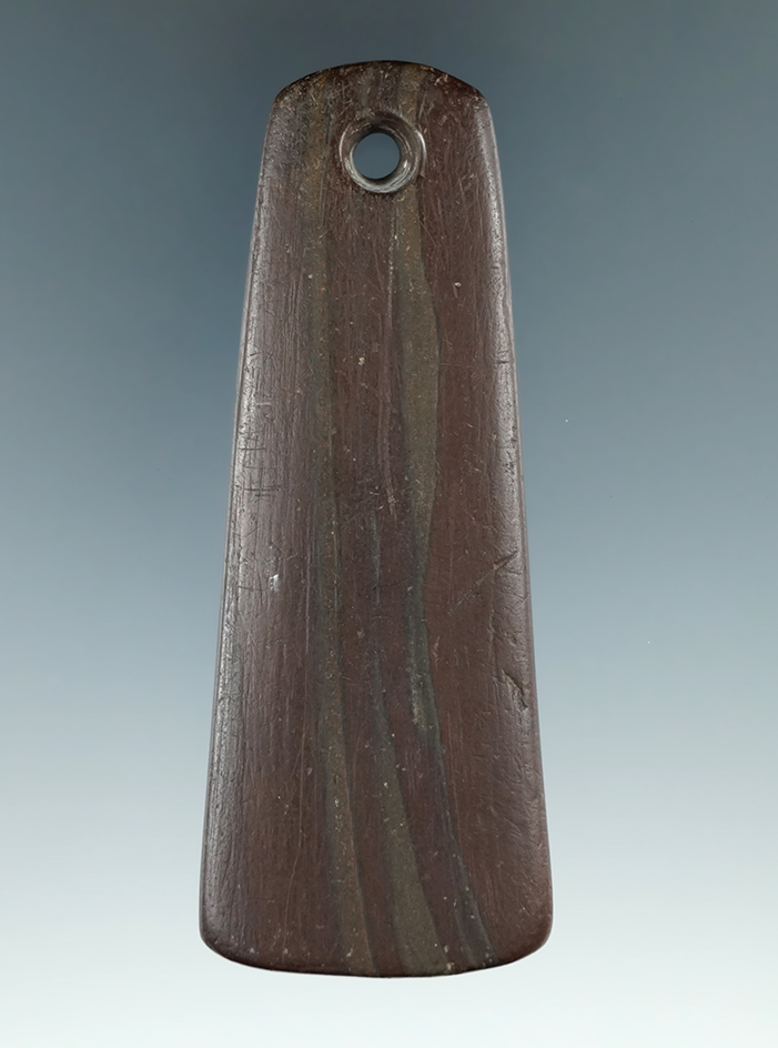 3 13/16" Adena Trapezoidal Pendant made from red Banded Slate, found in Richland Co., Ohio.