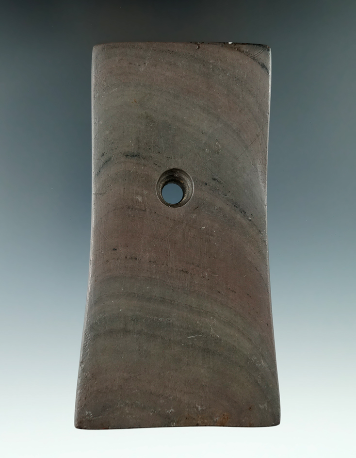 4 7/16" Adena Bell Pendant made from red, green and black Banded Slate found in Richland Co., Ohio.