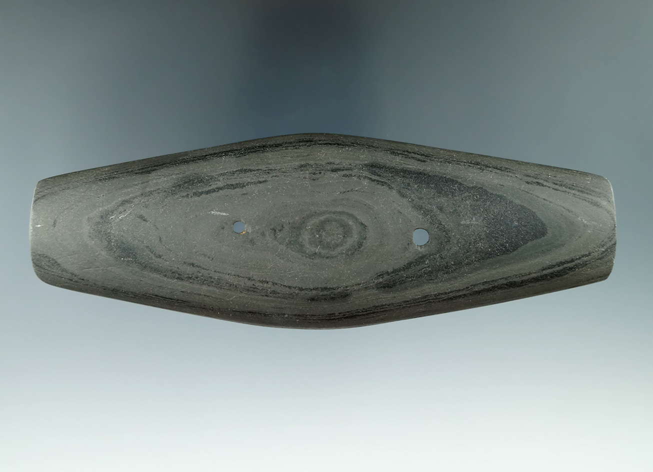 5 1/2" Adena Expanded Center Gorget made from green and black Banded Slate, found in Scioto Co., Ohi