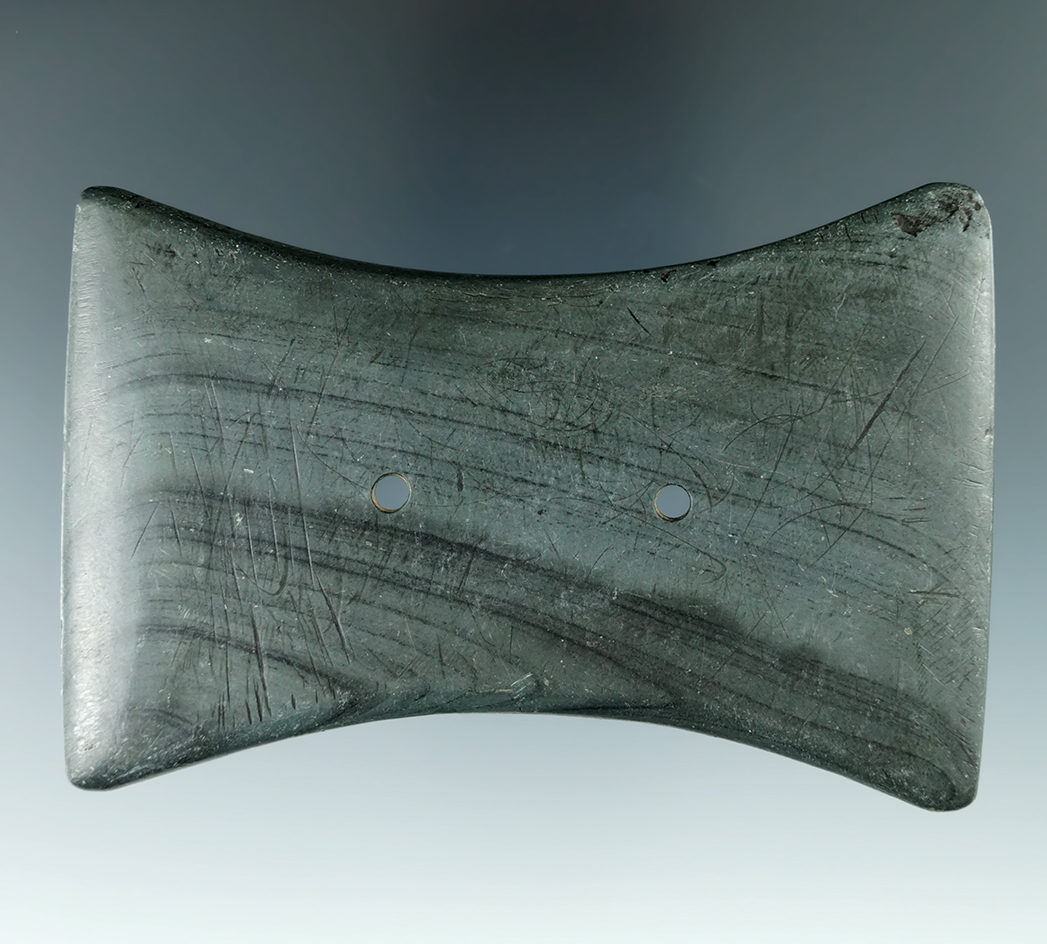 3 7/8" Adena Bi-Concave Gorget made from green and black Banded Slate, found in Franklin Co., Ohio.