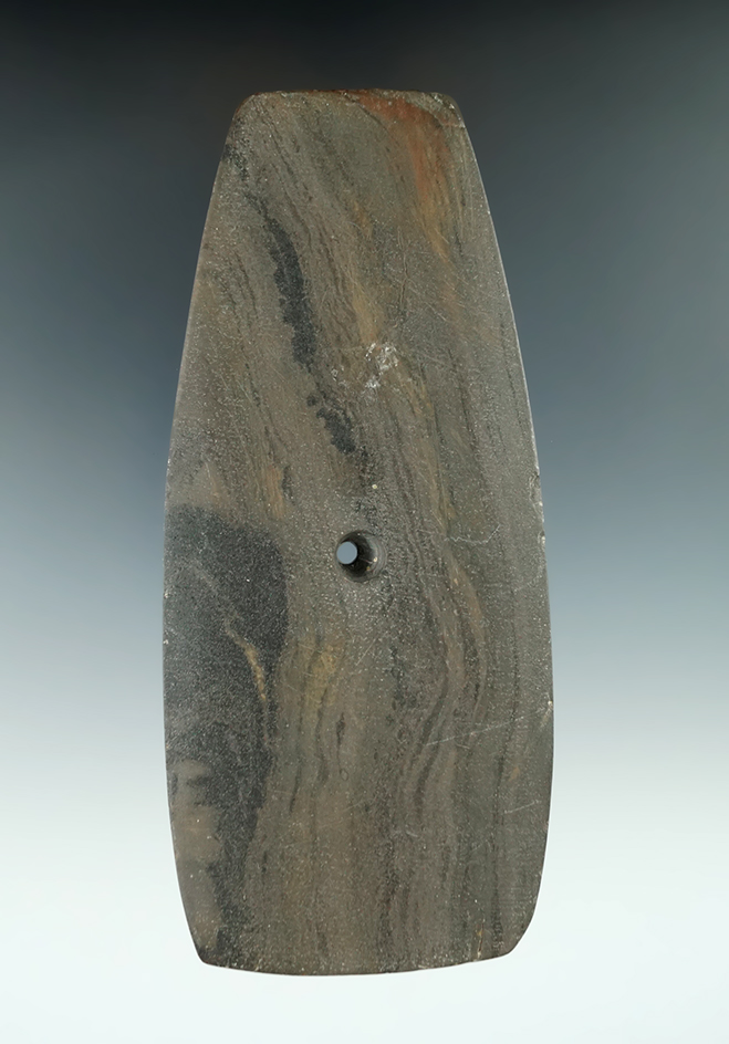 5 9/16" Adena Trapezoidal Pendant made from green and black Mottled Slate, found in Fayette Co., Ohi