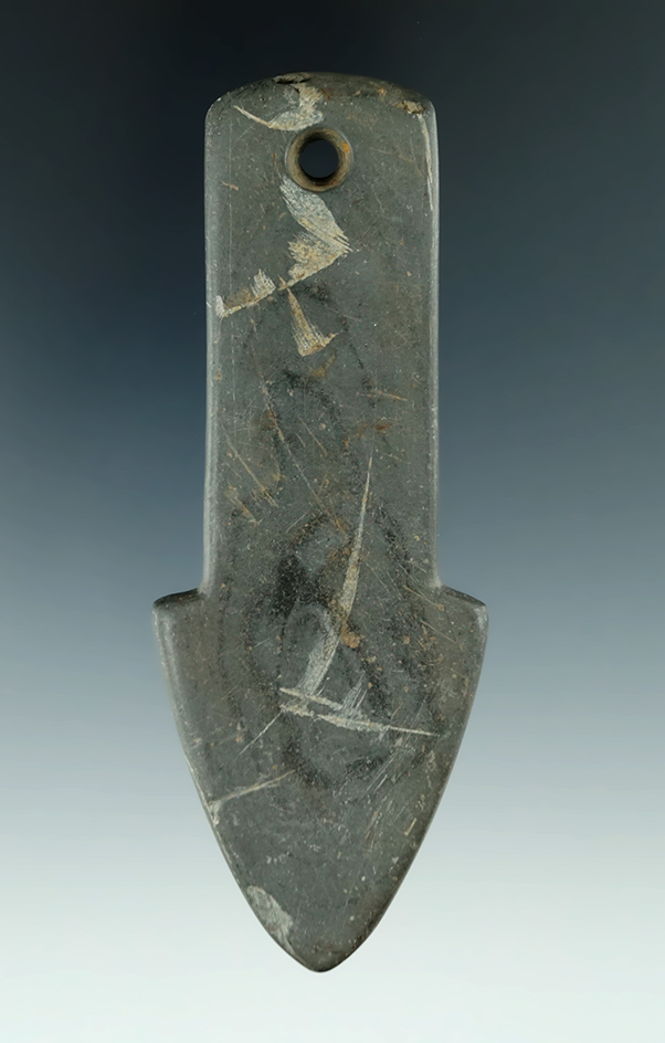 4 1/16" Adena Anchor Pendant made from gray and black Mottled Slate. Found in Ashland Co., Ohio.