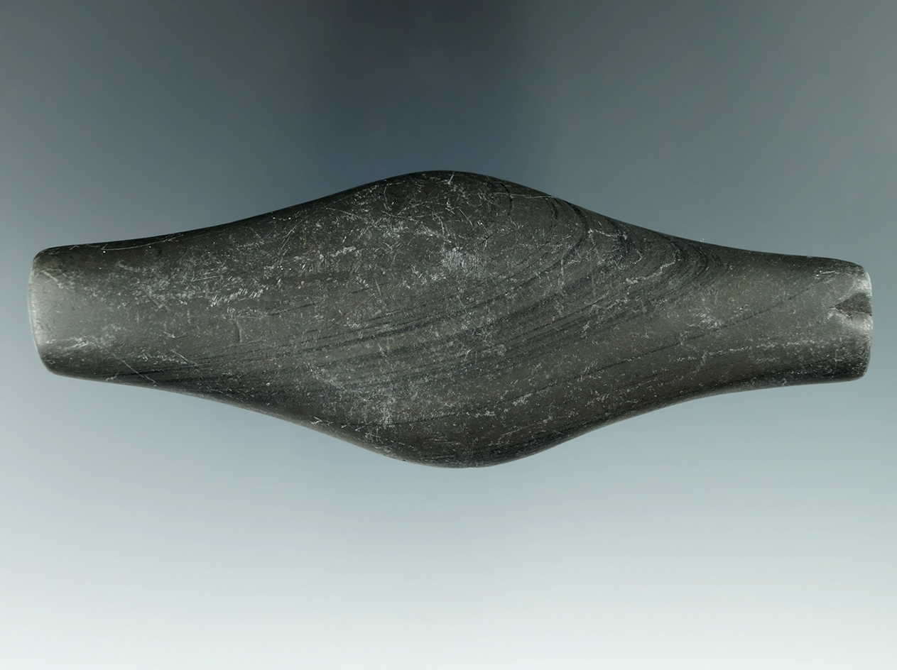 4 3/4" Undrilled Adena Expanded Center Gorget made from green and black Banded Slate. Ex. Bill Wertz