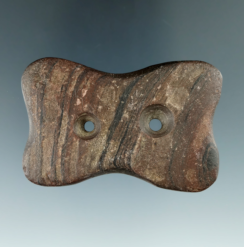 Miniature 2 7/16" Hopewell Reel Gorget made from red and black Banded Slate, found in Marion Co., Oh