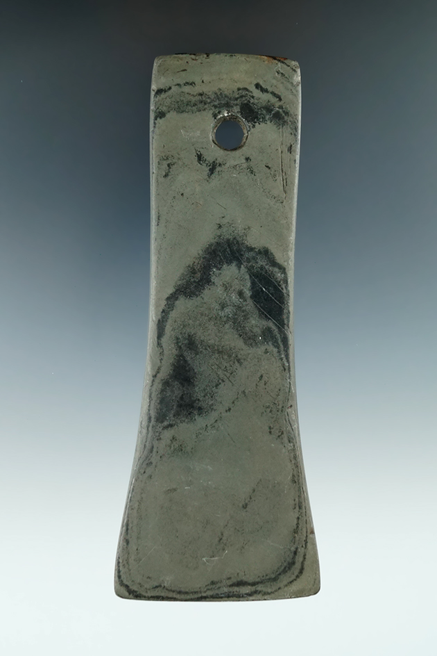 4 15/16" Adena Bell Pendant made from green and black Mottled Slate, found in Auglaize Co., Ohio.