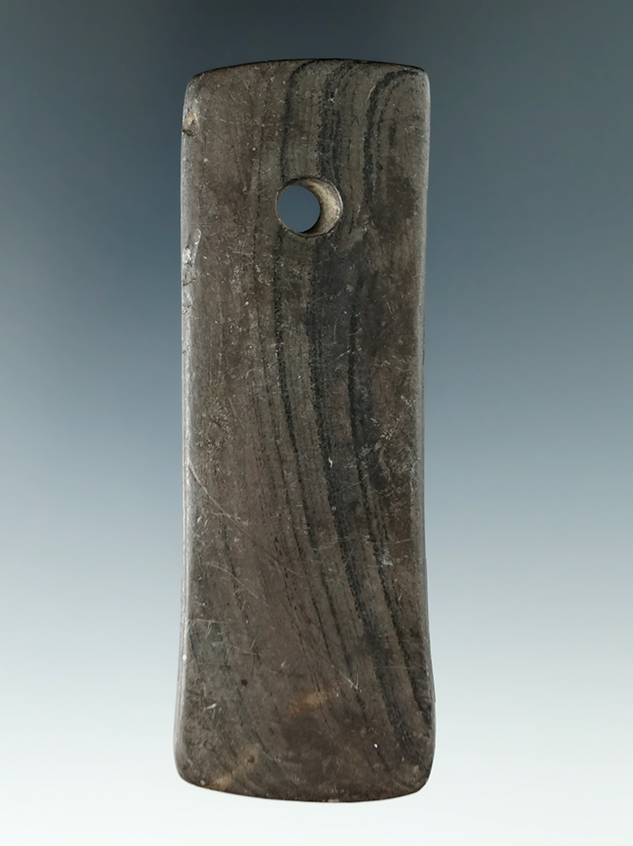 3 13/16" Adena Pendant made from red and black Banded Slate. Ex. Macy Hallock Collection.