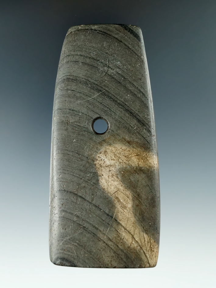 4 1/8" Adena Trapezoidal Pendant made from green and black Banded Slate, found in Franklin Co., Ohio