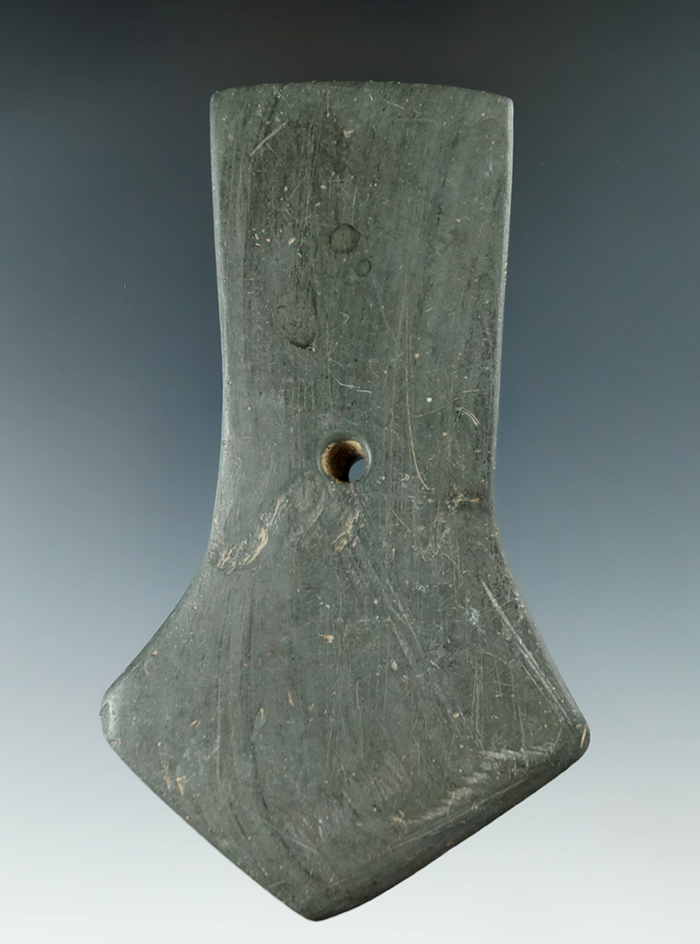 4 7/16" Hopewell Pentagonal Pendant made from gray and black Banded Slate, found in Ross Co., Ohio.