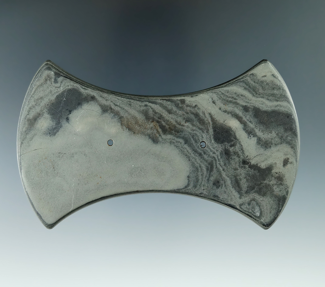 4" Adena Bi-Concave Gorget found in Seneca Co., Ohio. Pictured in Prehistoric American, Volume 27 #4
