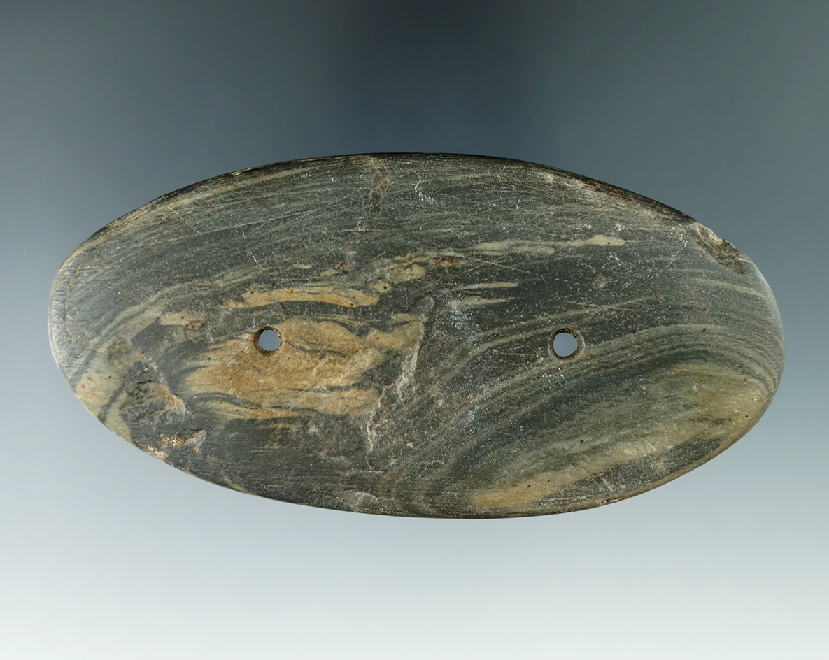 4 3/8" Glacial Kame Oval Gorget made from green and black Banded Slate, found in Scioto Co., Ohio.