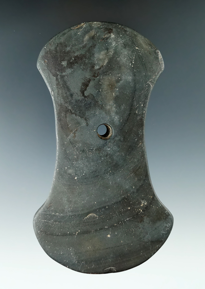 4 3/4" Adena Bi-Concave Pendant made from Banded Slate, found in Wood Co., Ohio. Ex. Theron Lee (#40