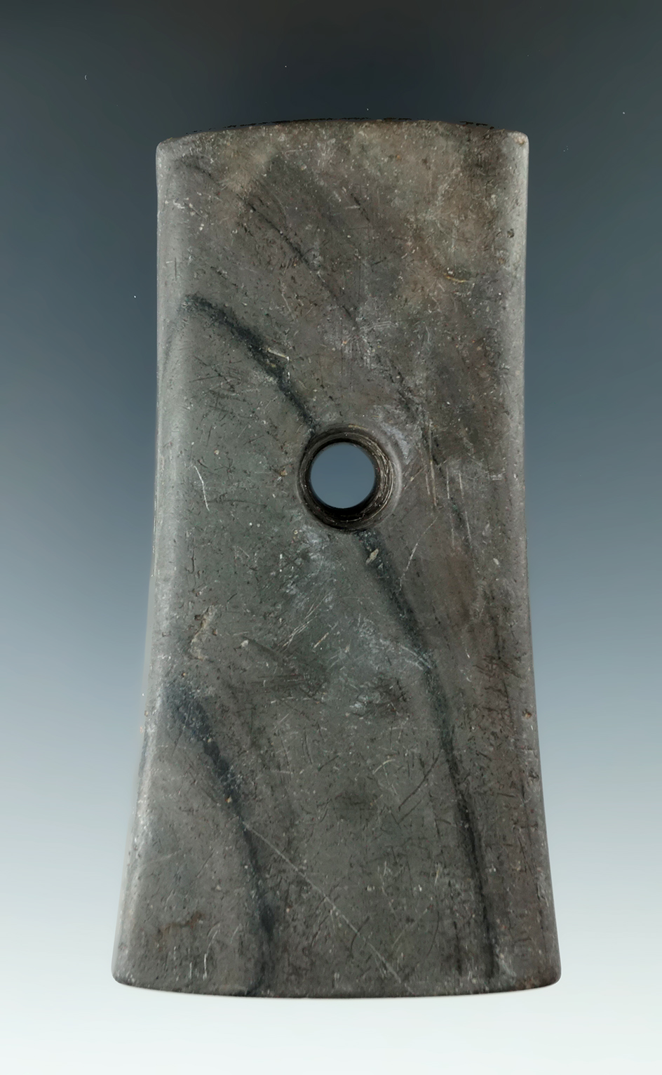 3 11/16" Adena Bell Pendant made from green and black Banded Slate. Found in Richland Co., Ohio.