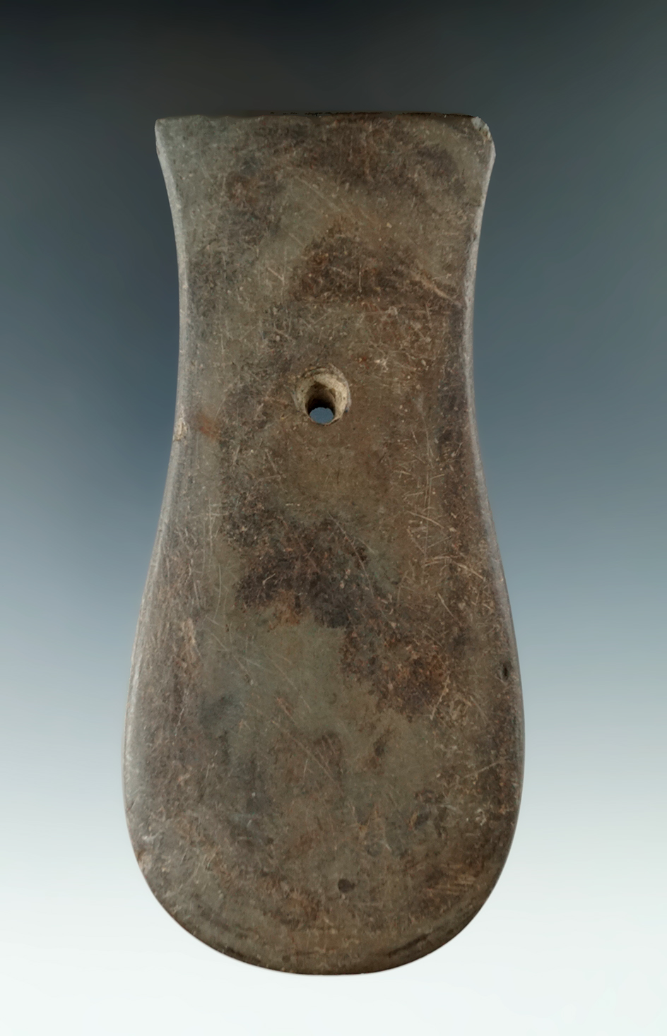 4 7/8" Adena Keyhole Pendant made from red and black Banded Slate, found in Stark Co., Ohio. Picture