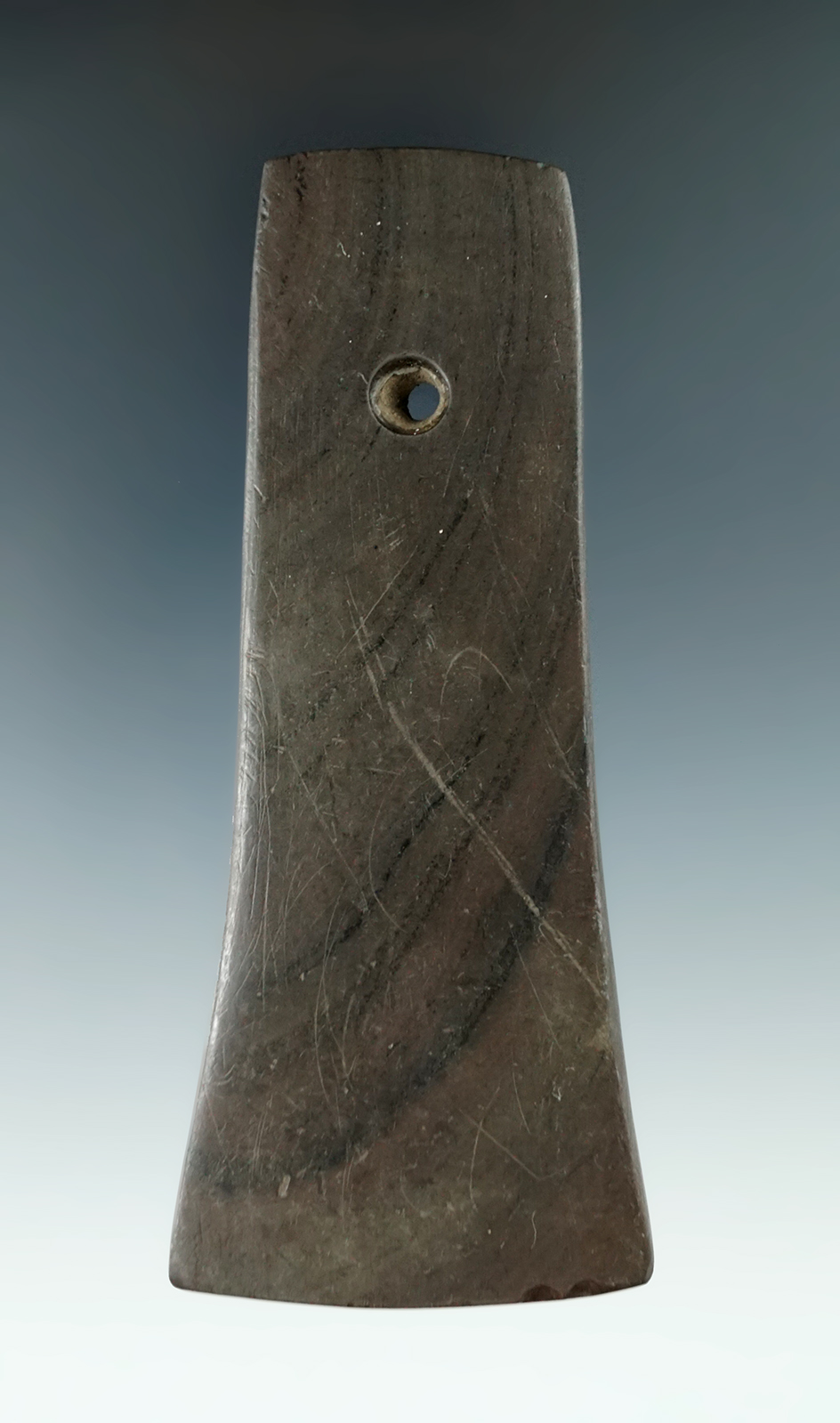 4 3/8" Adena Bell Pendant made from brown and black Banded Slate, found in Holmes Co., Ohio.