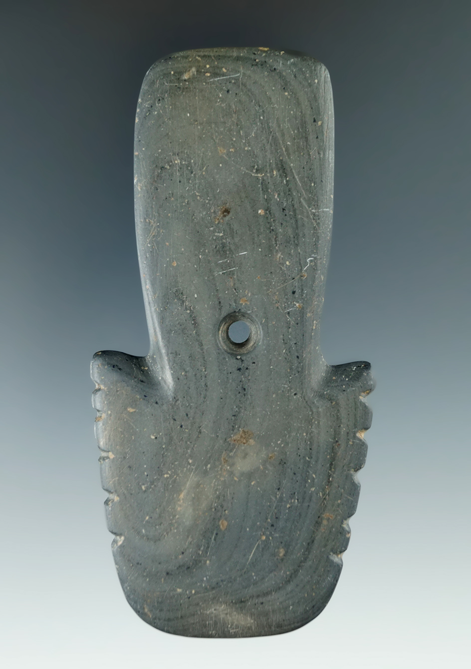 4" Tallied Hopewell Shovel Pendant made from Banded Slate, found in Huron Co., Ohio. Ex. Jim Hovan.