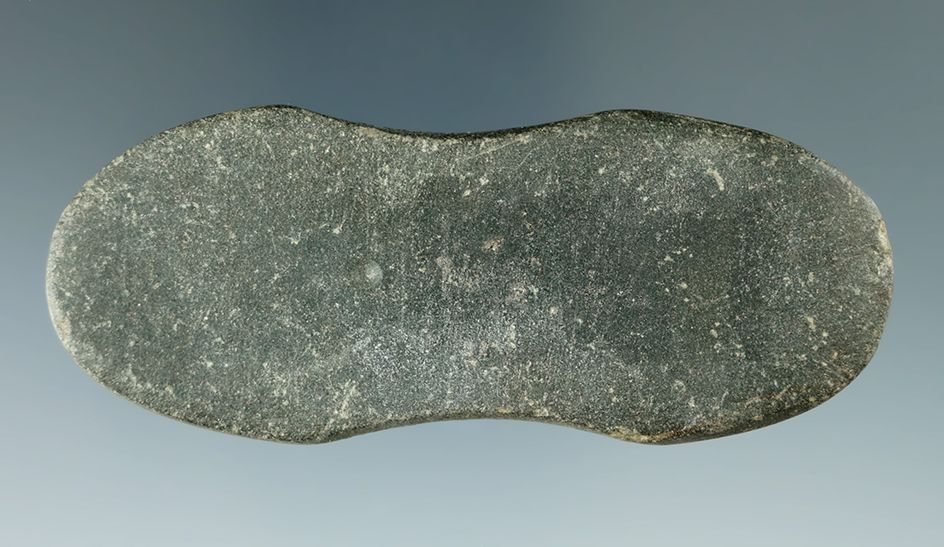 3 1/4" Bi-Concave Gorget that is partially drilled made from Greenstone. Found in Hancock Co., Ohio.