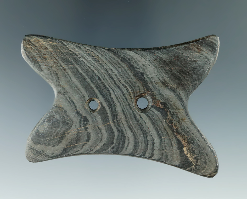 3 1/4" Hopewell Reel Gorget made from green and black Banded Slate, found in Ashland Co., Ohio.