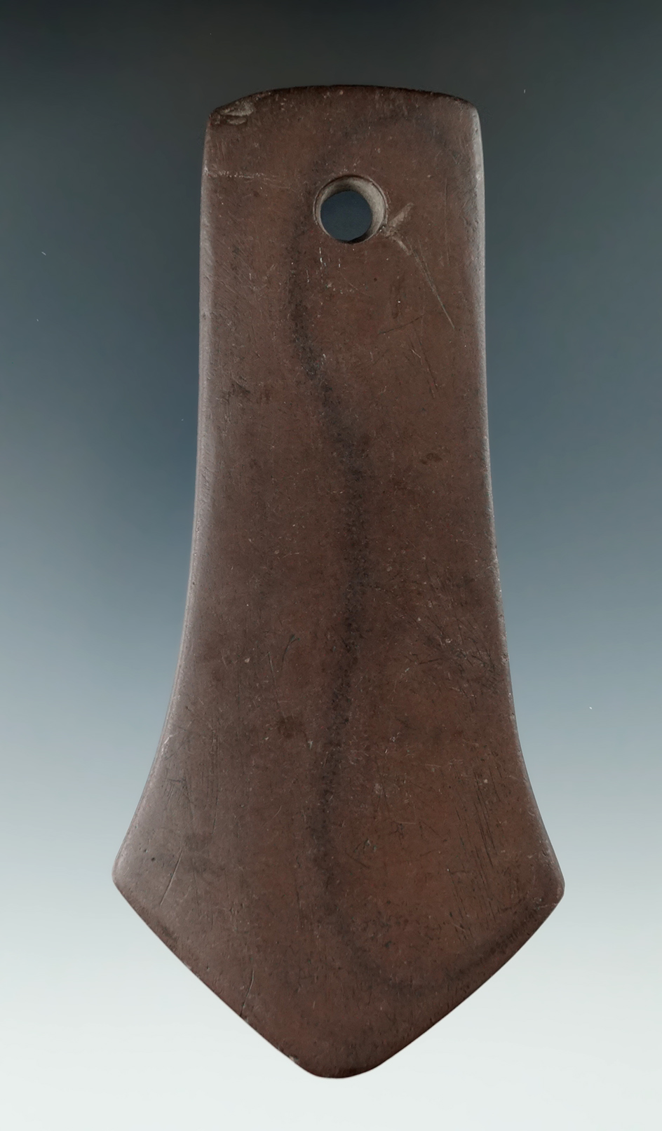 4 7/8" Adena Pentagonal Pendant made from red and black Banded Slate, found in Stark Co., Ohio. Pict