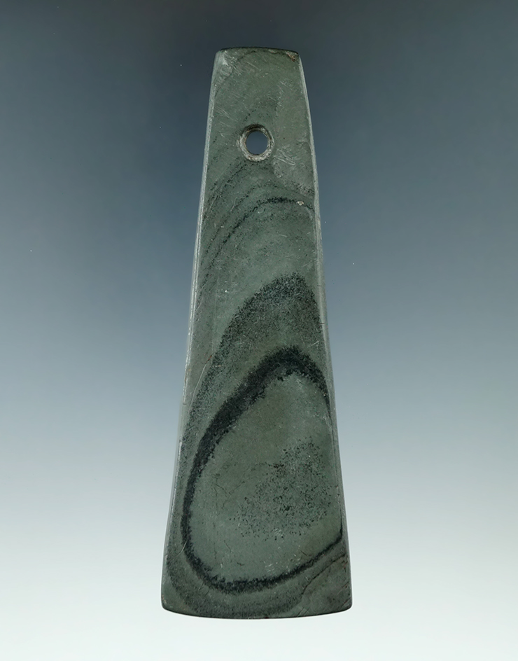 4 5/16" Adena Bell Pendant made from green and black Banded Slate, found in Lorain Co., Ohio. Pictur