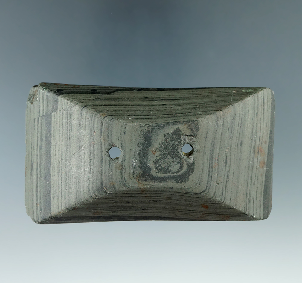 3 3/8" Adena Semi-Keeled Gorget with engravings found in Richland Co., Ohio.  Pictured in "Slate Typ