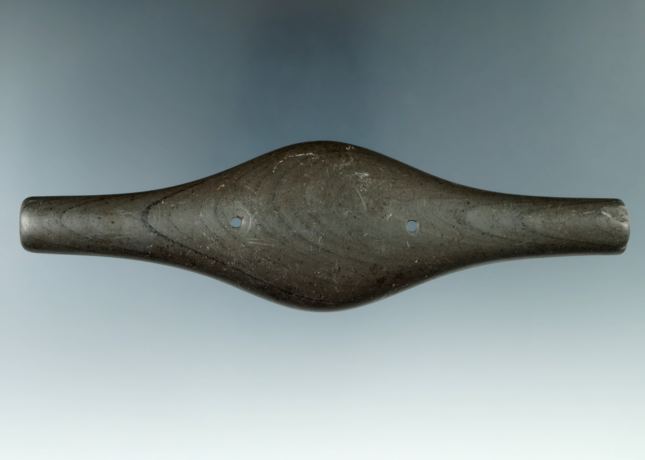 5 13/16" Adena Expanded Center Gorget made from green and black Banded Slate. Found in Clark Co., Oh