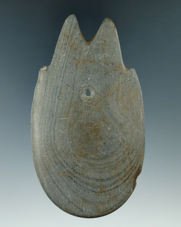 4" Hopewell Eccentric Pendant made from green and black Banded Slate. Huron Co., Ohio.