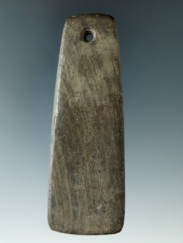 3 13/16" Adena Trapezoidal Pendant made from brown and green Banded Slate, found in Wood Co., Ohio.