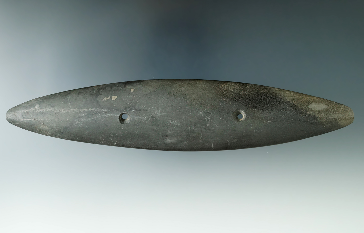 7 3/4" Glacial Kame Bi-Pointed Gorget made from Banded Slate found in Portage Co., Ohio.