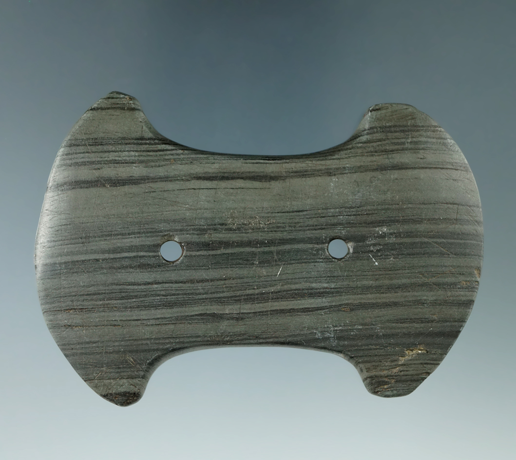 3 3/16" Adena Bi-Concave Gorget that is engraved found in Summit Co., Ohio. Ex. Jerre Wall (#326) Co