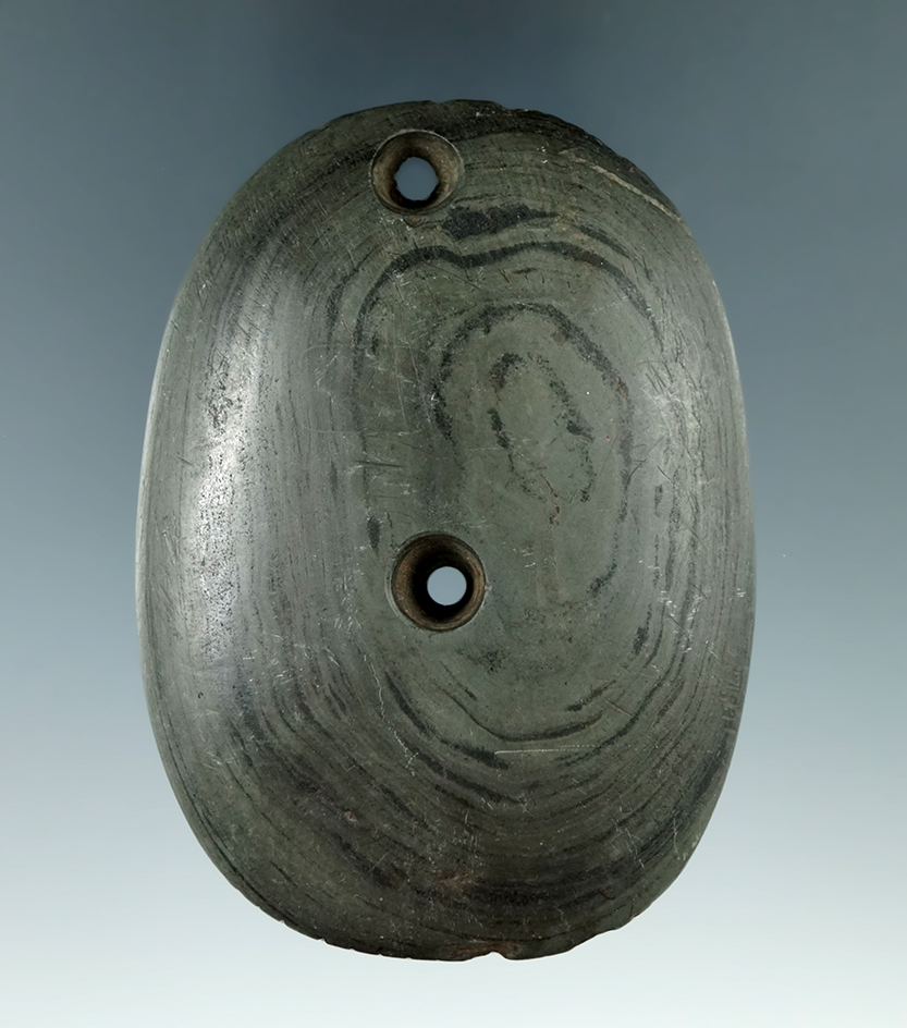 3 7/16" Glacial Kame Tallied Ovate Gorget made from green and black Banded Slate, found in Butler Co